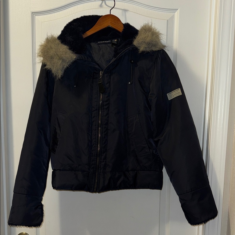 Black DKNY Jeans petites Jacket with Faux Fur Trim